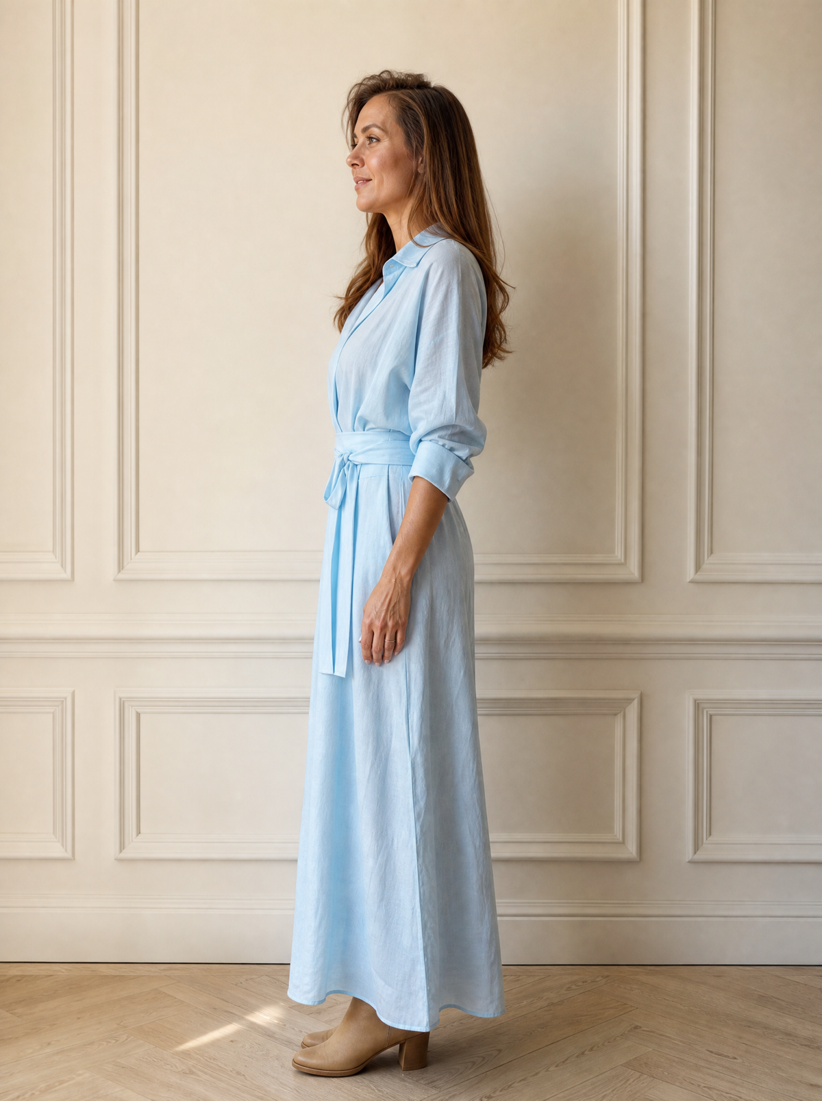 Shirt Maxi Dress with Waist-Defining Sash - side