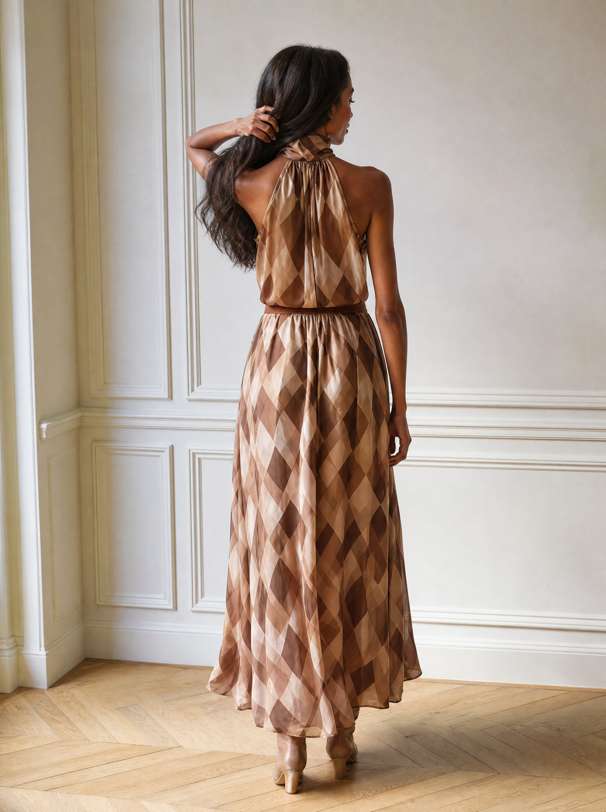 Diamond Pattern Halter Neck Maxi Dress - back