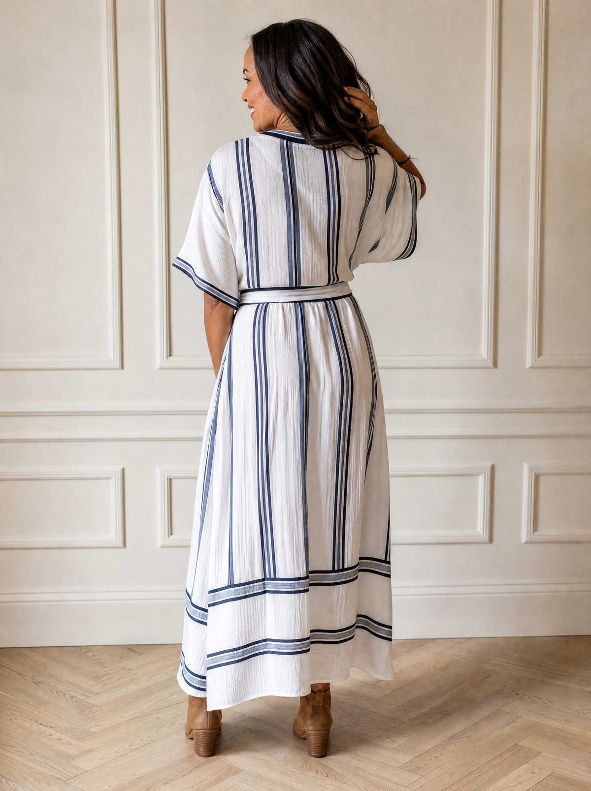 Striped Wrap Half Sleeve Maxi Dress - back