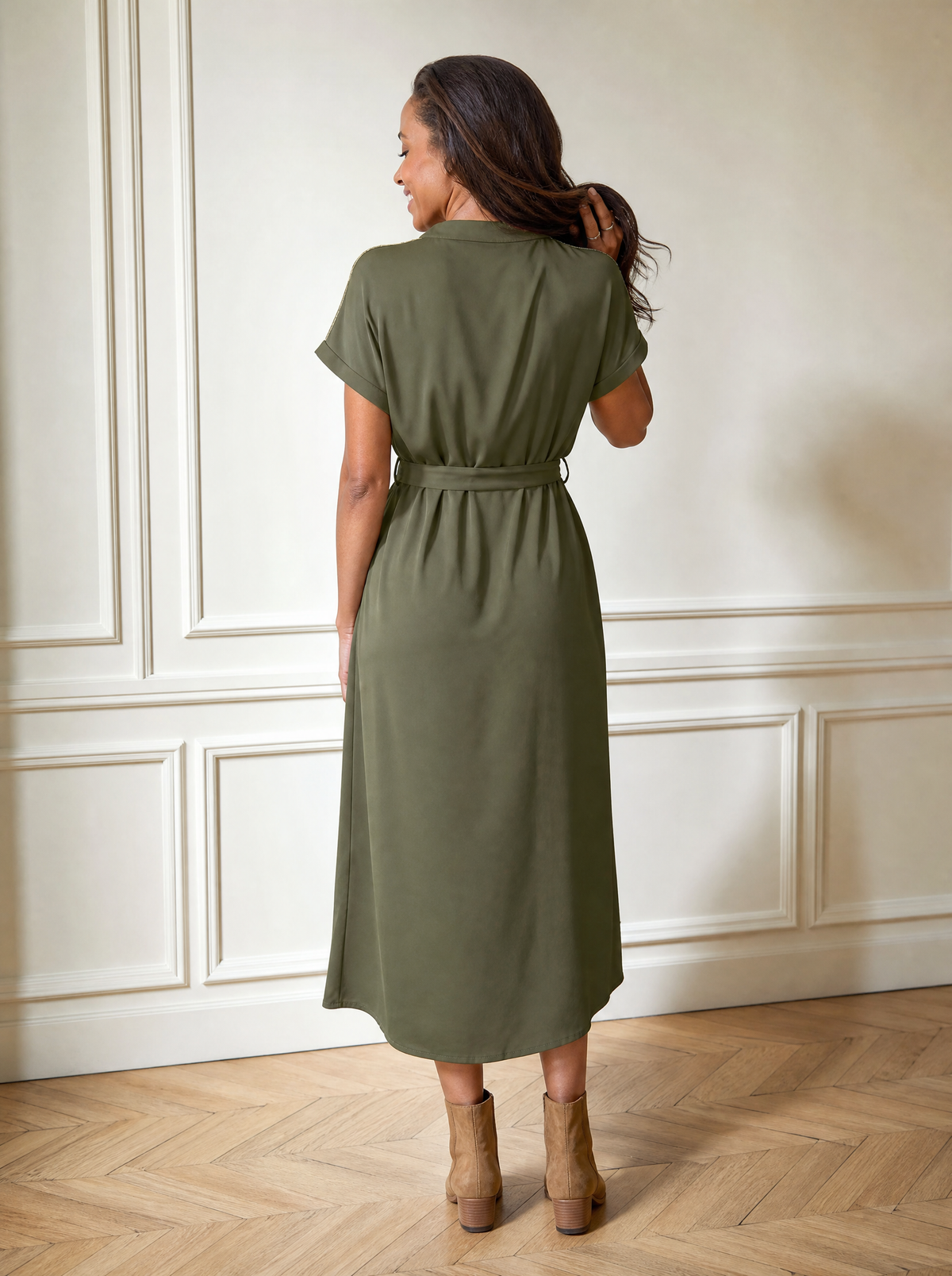 Sequin Notched Short Sleeve Midi Dress - back
