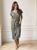 Sequin Notched Short Sleeve Midi Dress - front