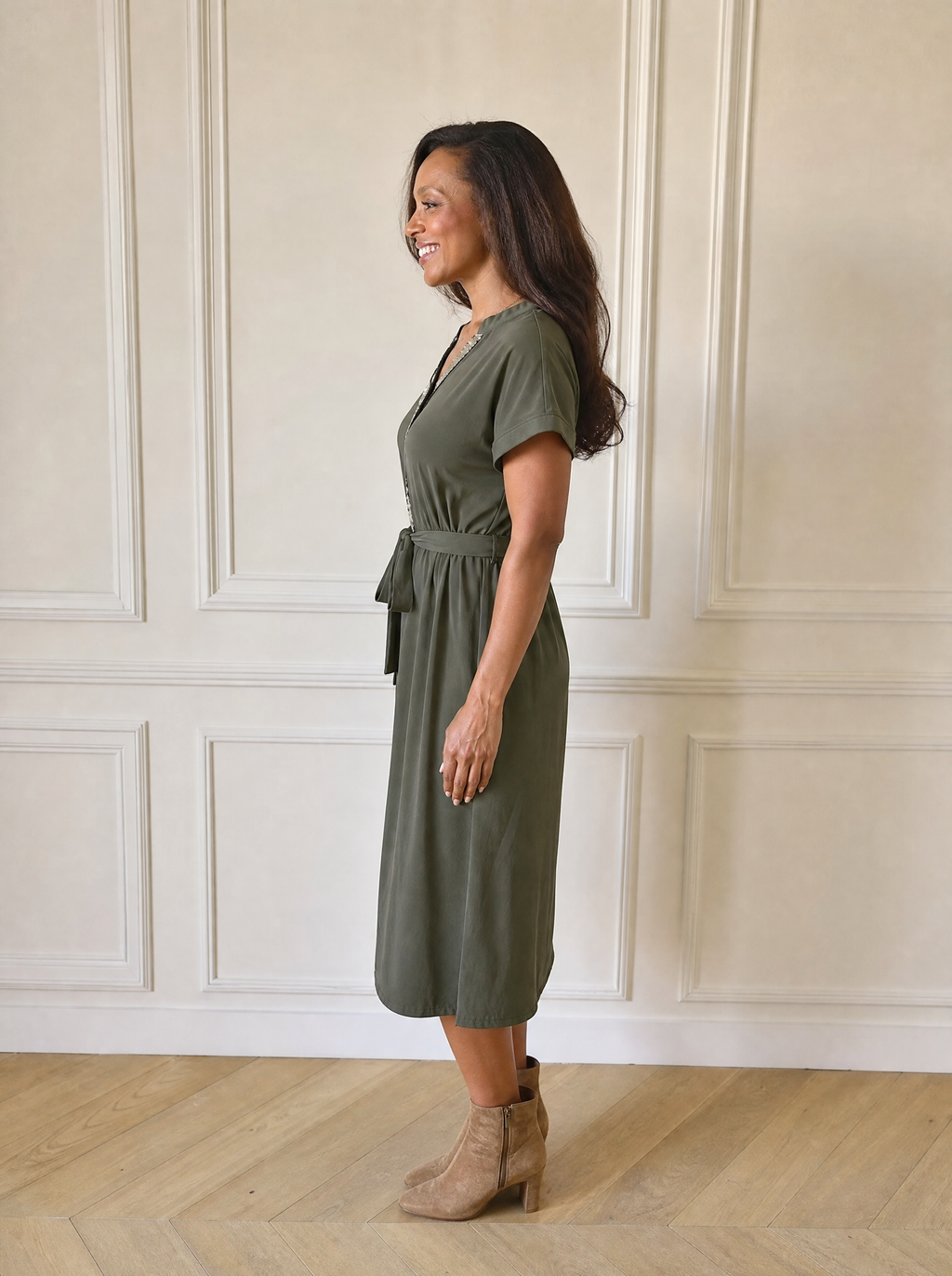 Sequin Notched Short Sleeve Midi Dress - side