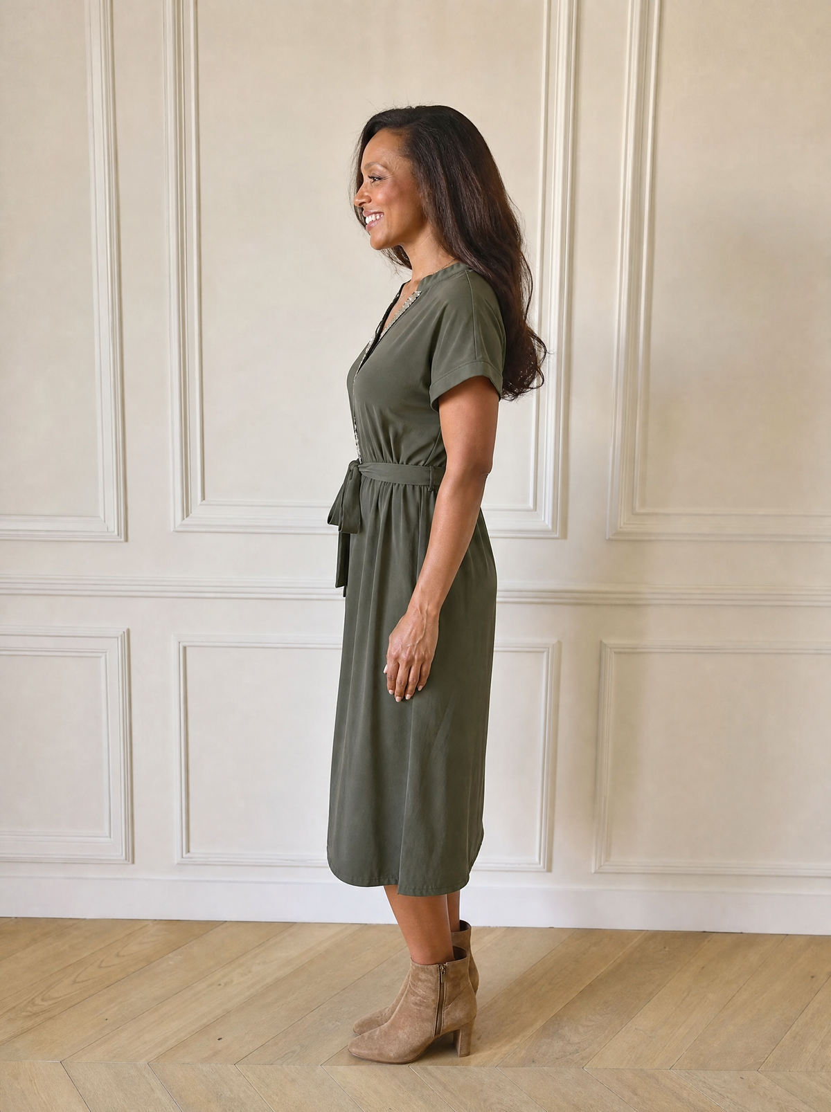 Sequin Notched Short Sleeve Midi Dress - side