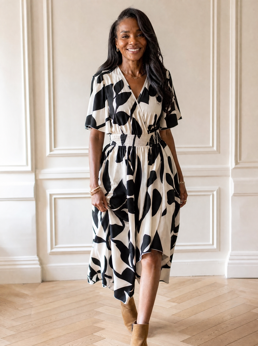 Printed Surplice Short Sleeve Midi Dress - front