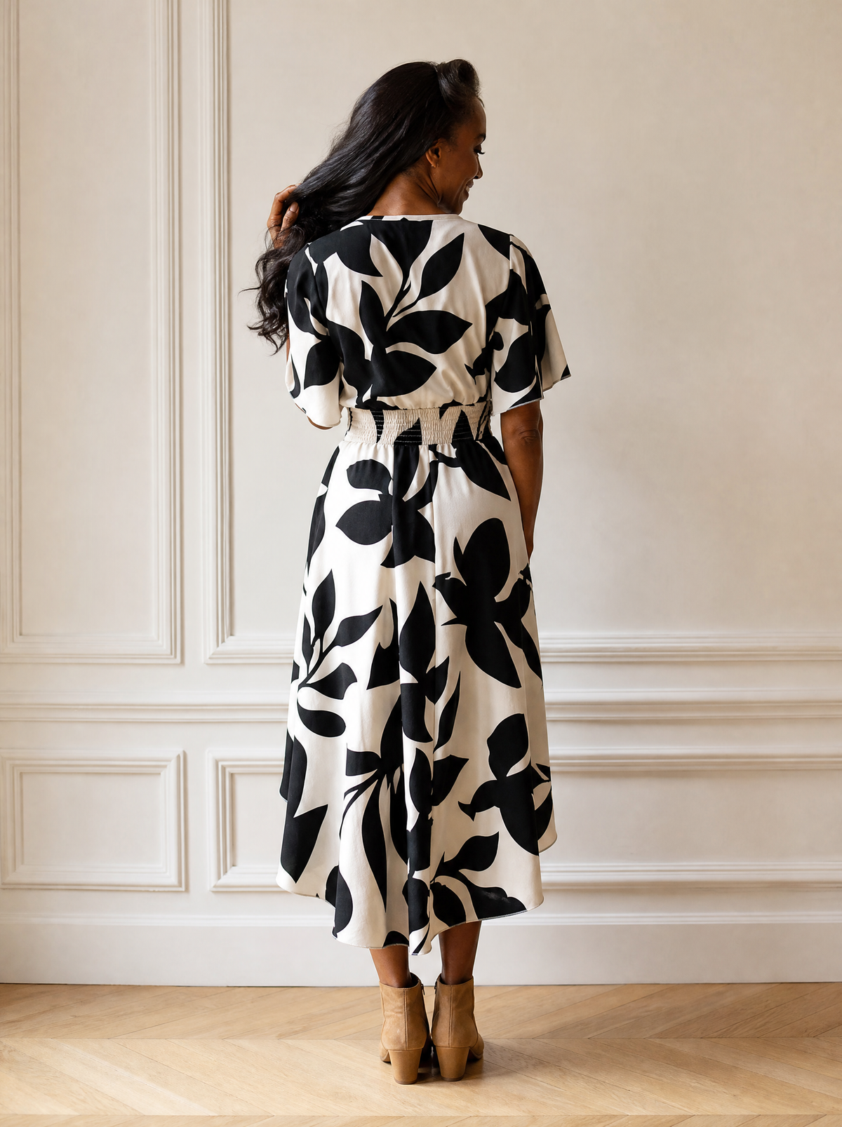 Printed Surplice Short Sleeve Midi Dress - back