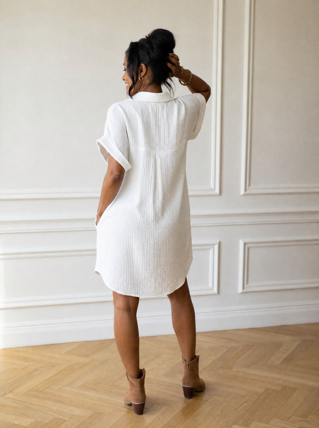 Casual Button Down Shirt Dress with Pockets - back