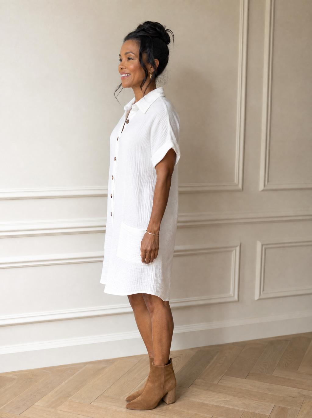 Casual Button Down Shirt Dress with Pockets - side