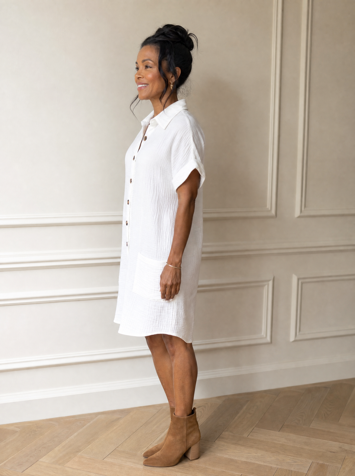 Casual Button Down Shirt Dress with Pockets - side