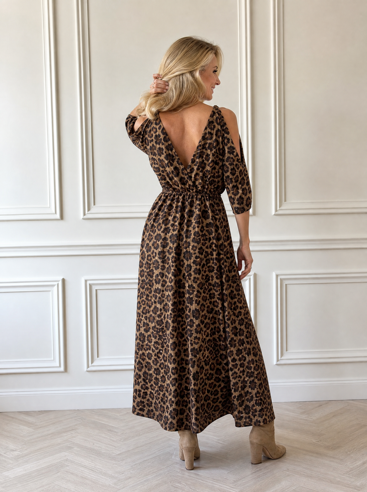 Leopard Print Cold Shoulder Slit Maxi Dress - back