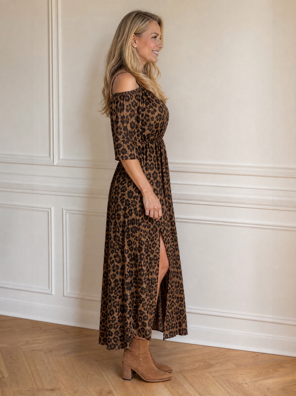Leopard Print Cold Shoulder Slit Maxi Dress - side