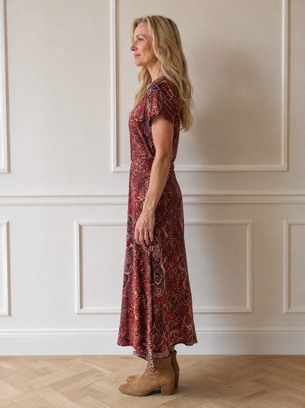 Printed V-Neck Short Sleeve Midi Dress - side