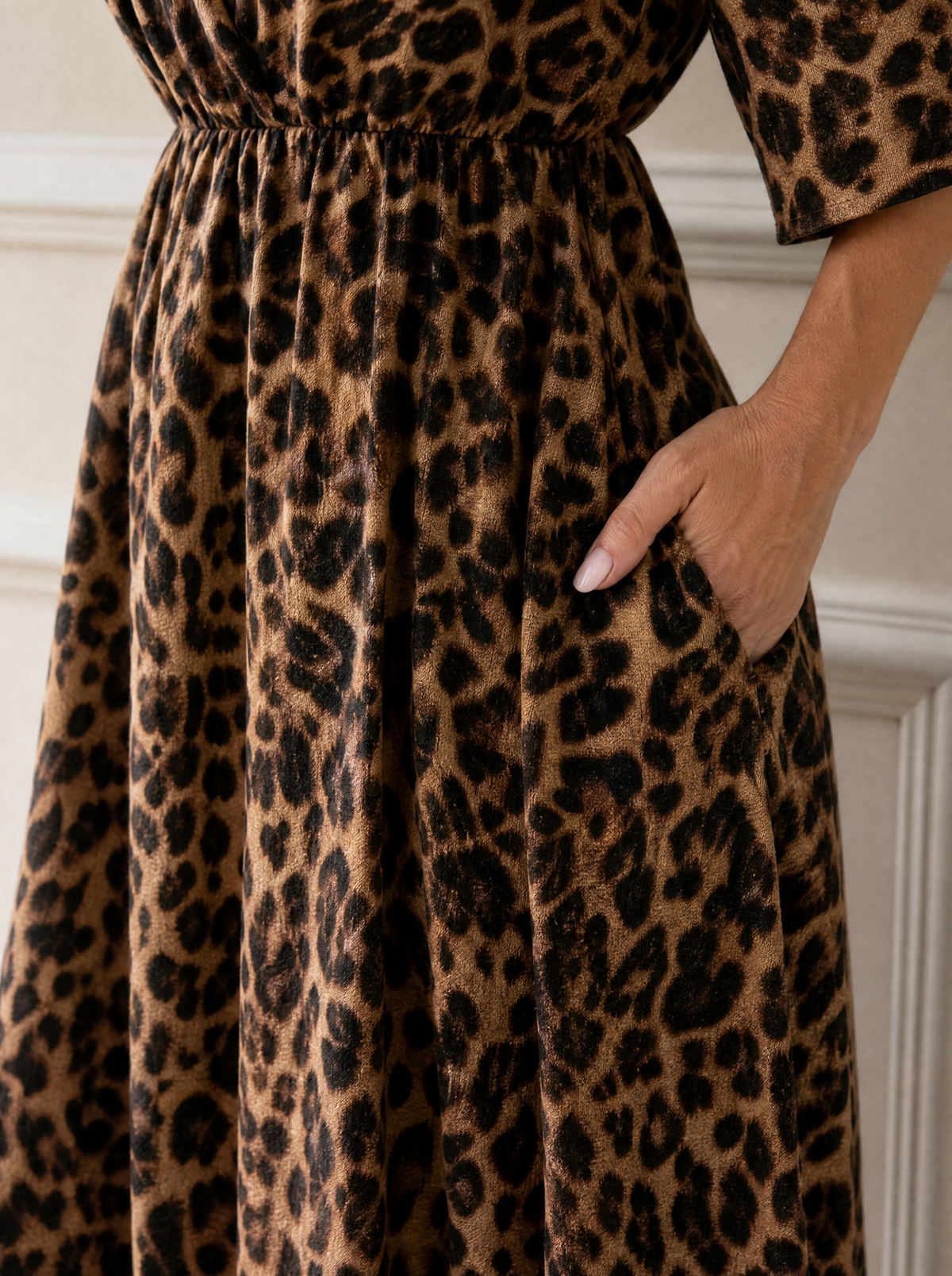 Leopard Print Cold Shoulder Slit Maxi Dress - detail