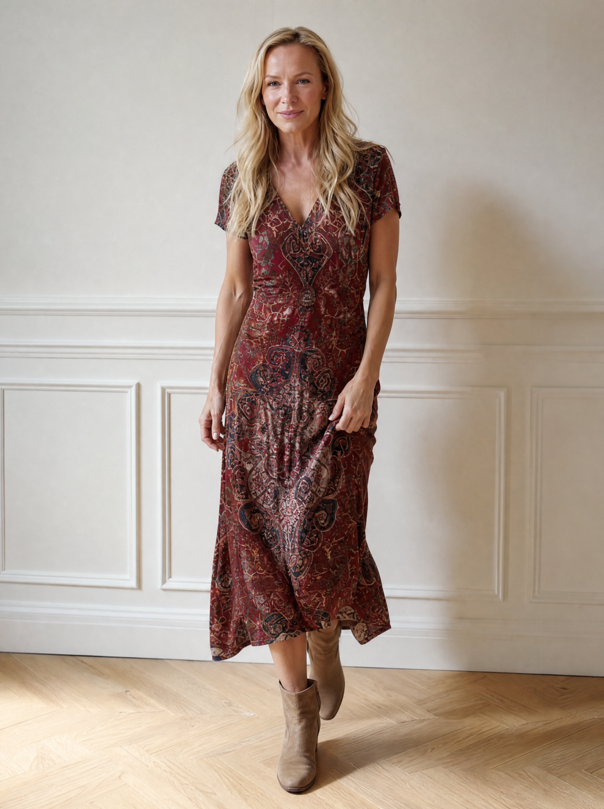 Printed V-Neck Short Sleeve Midi Dress - front