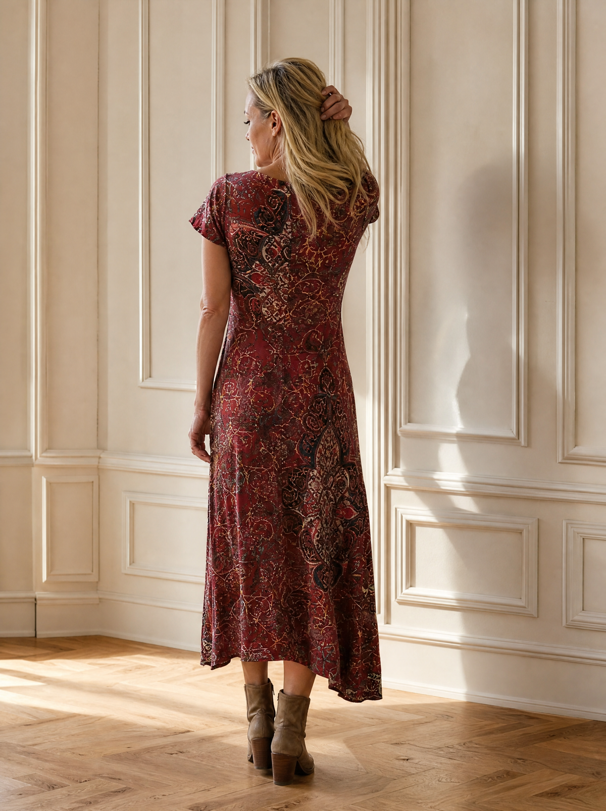 Printed V-Neck Short Sleeve Midi Dress - back