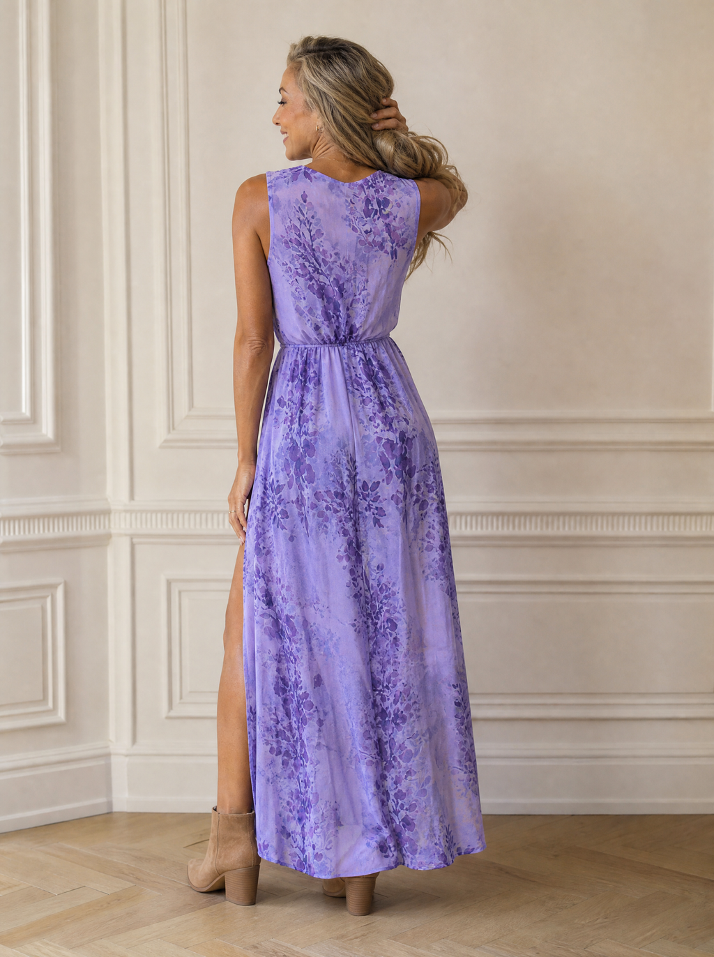 Floral Print Sleeveless High-Slit Maxi Dress - back