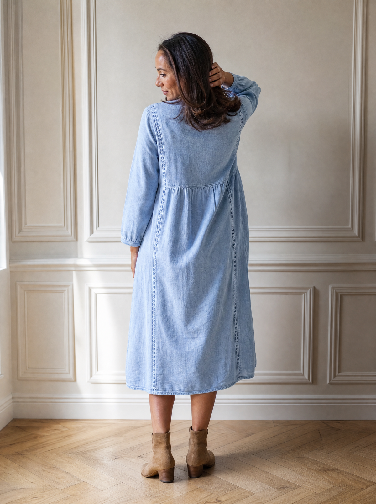 Full Size Lace Trim Long Sleeve Midi Dress Plus Size - back