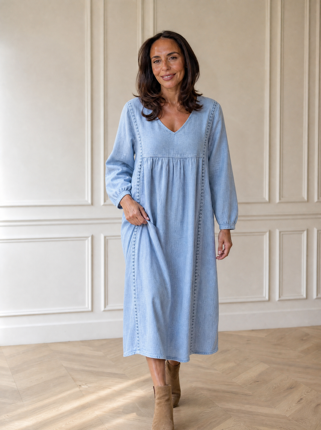 Full Size Lace Trim Long Sleeve Midi Dress Plus Size - front