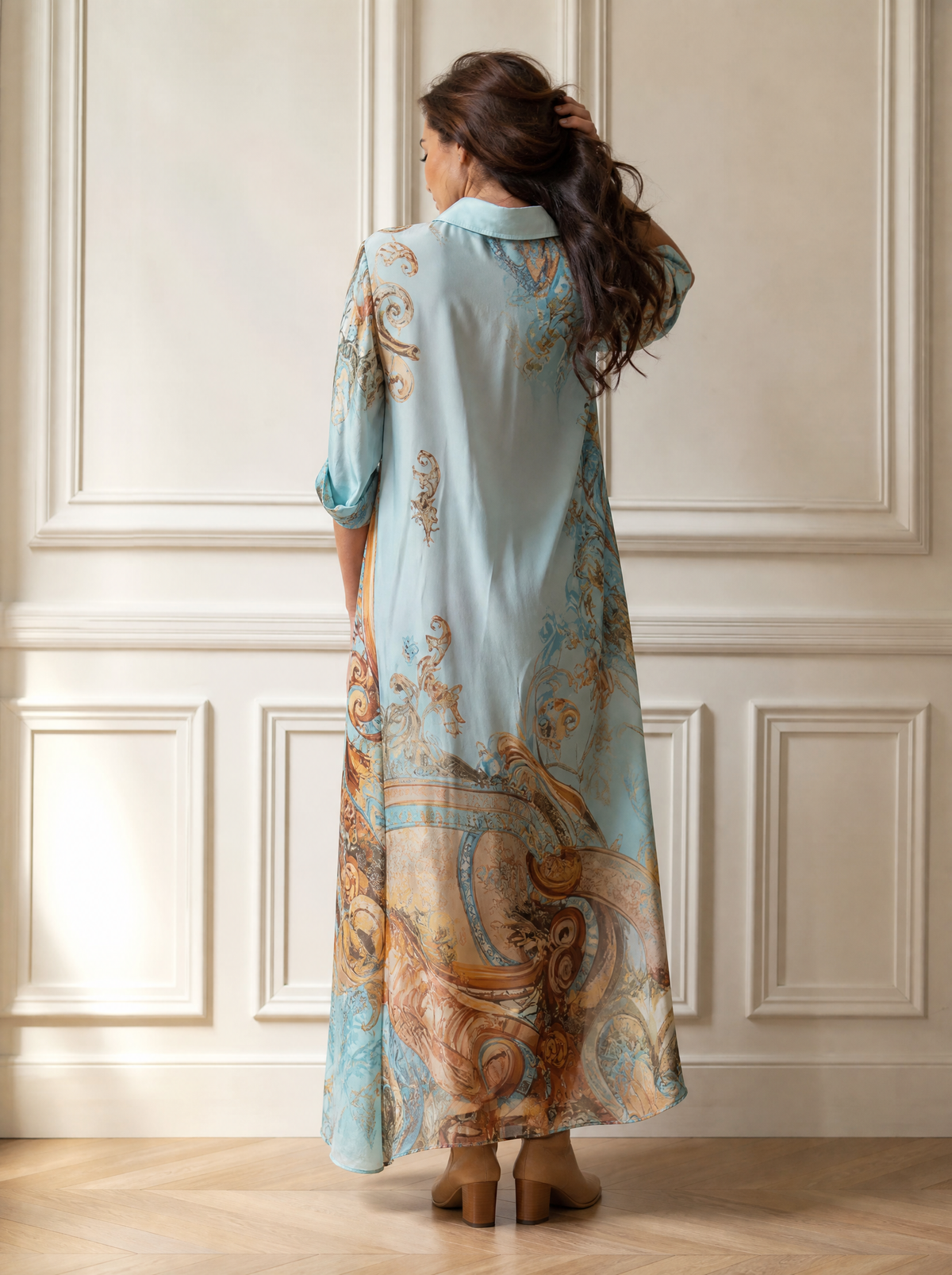 Full Size Printed Button-Down Maxi Shirt Dress Plus Size - back