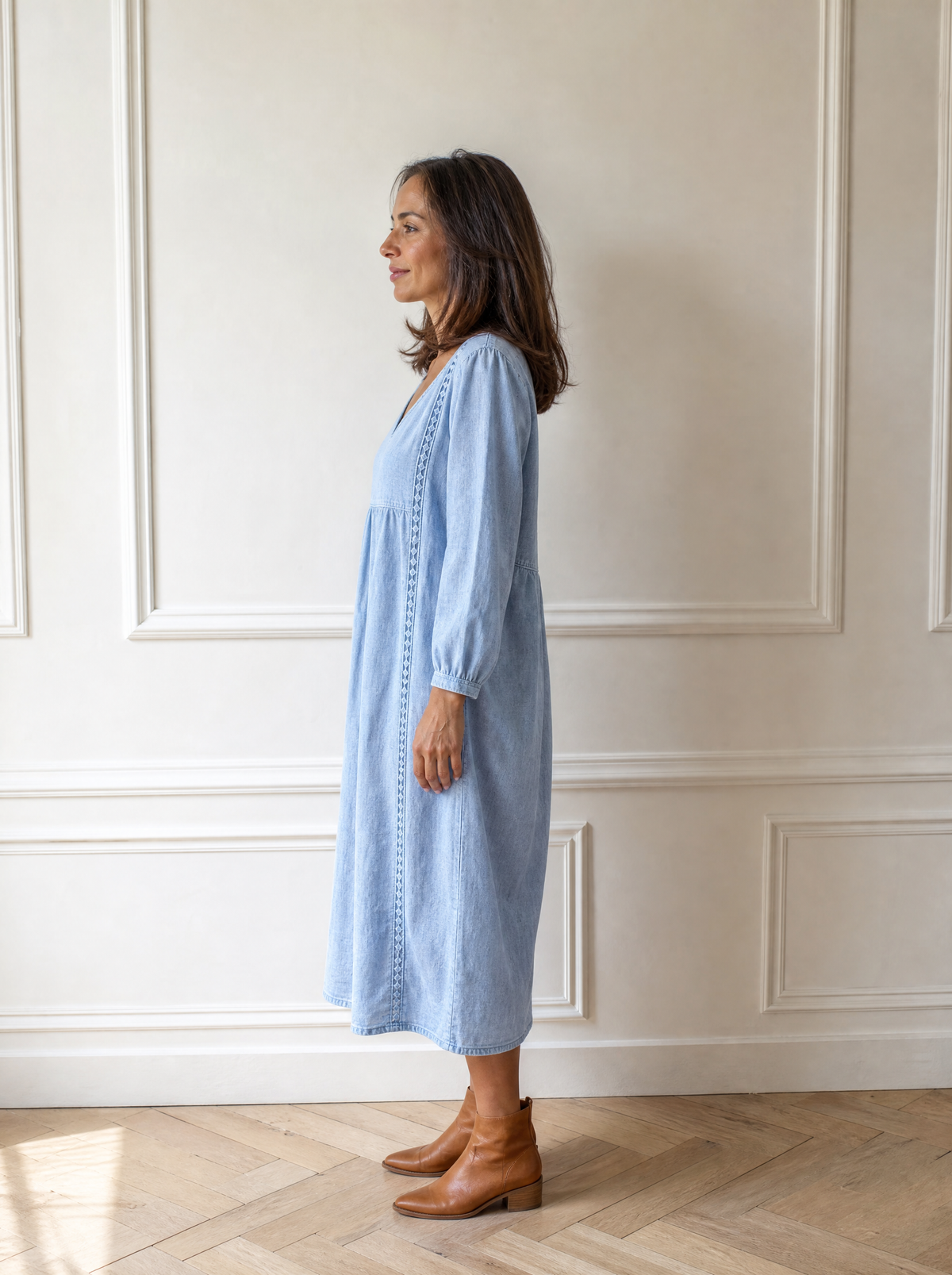 Full Size Lace Trim Long Sleeve Midi Dress Plus Size - side