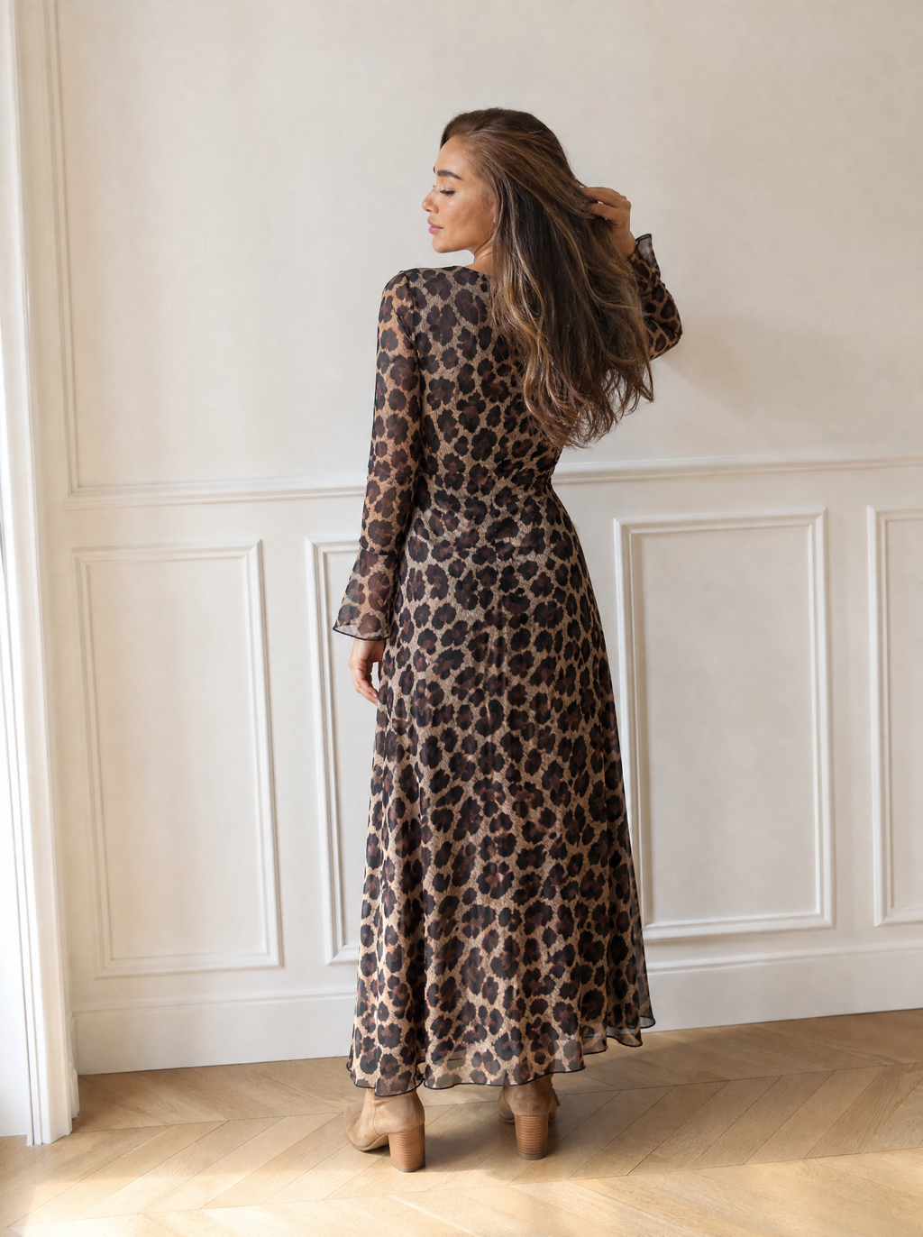 Leopard Print Flare Sleeve Maxi Dress - back