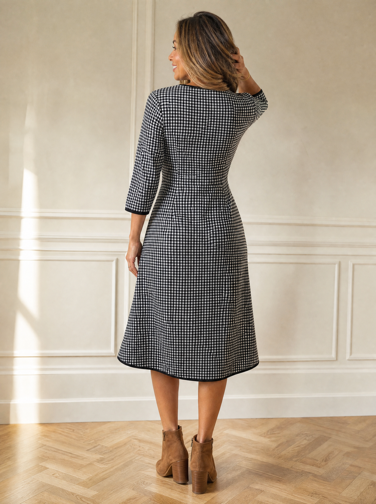 Plaid Round Neck 3/4 Sleeve Dress - back