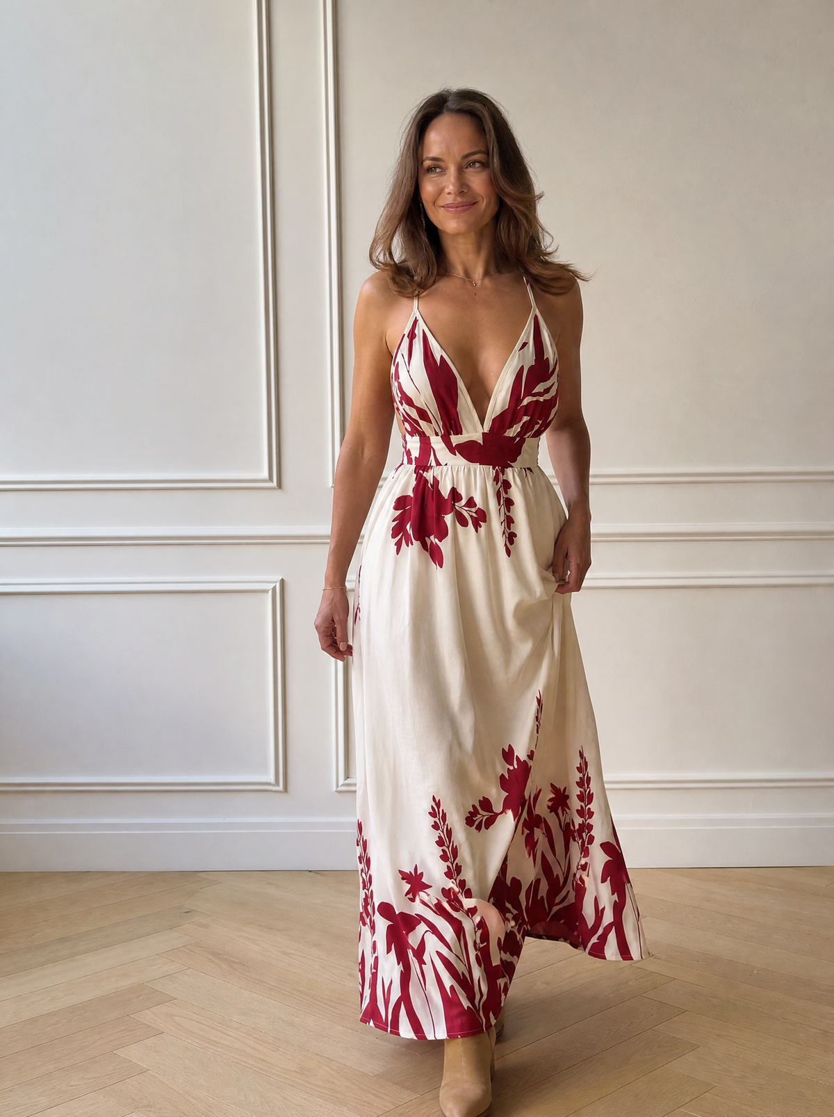 Deep V-Neck Spaghetti Strap Maxi Dress - front