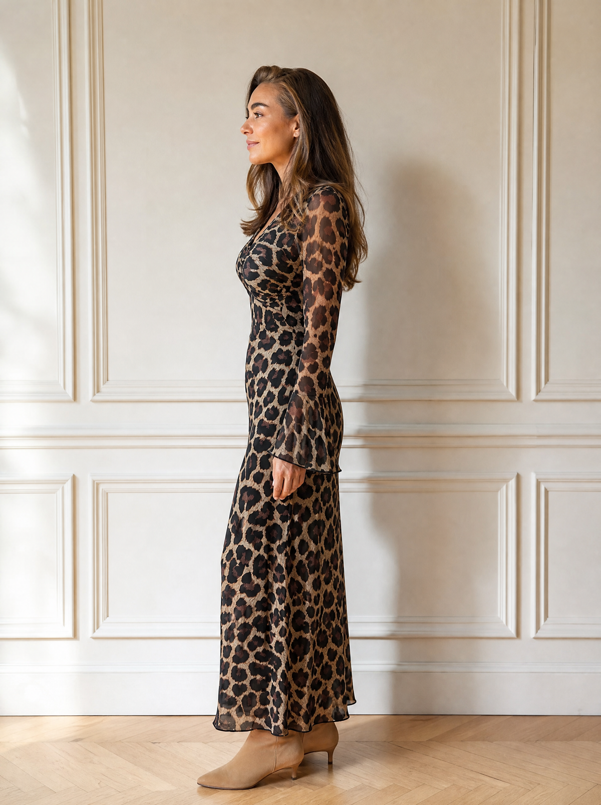 Leopard Print Flare Sleeve Maxi Dress - side