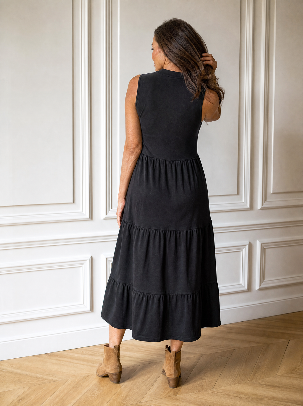 Sleeveless Notched Tiered Midi Dress - back