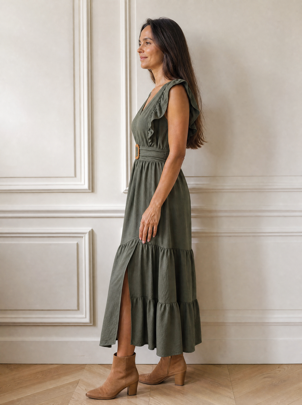 Slit Ruffled V-Neck Tiered Dress - side
