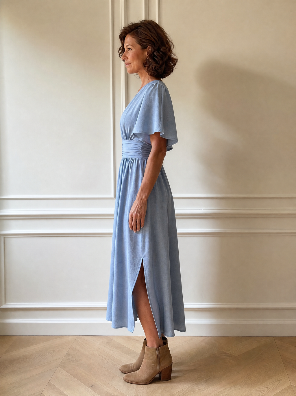 Side Slit Surplice Flutter Sleeve Midi Dress - side