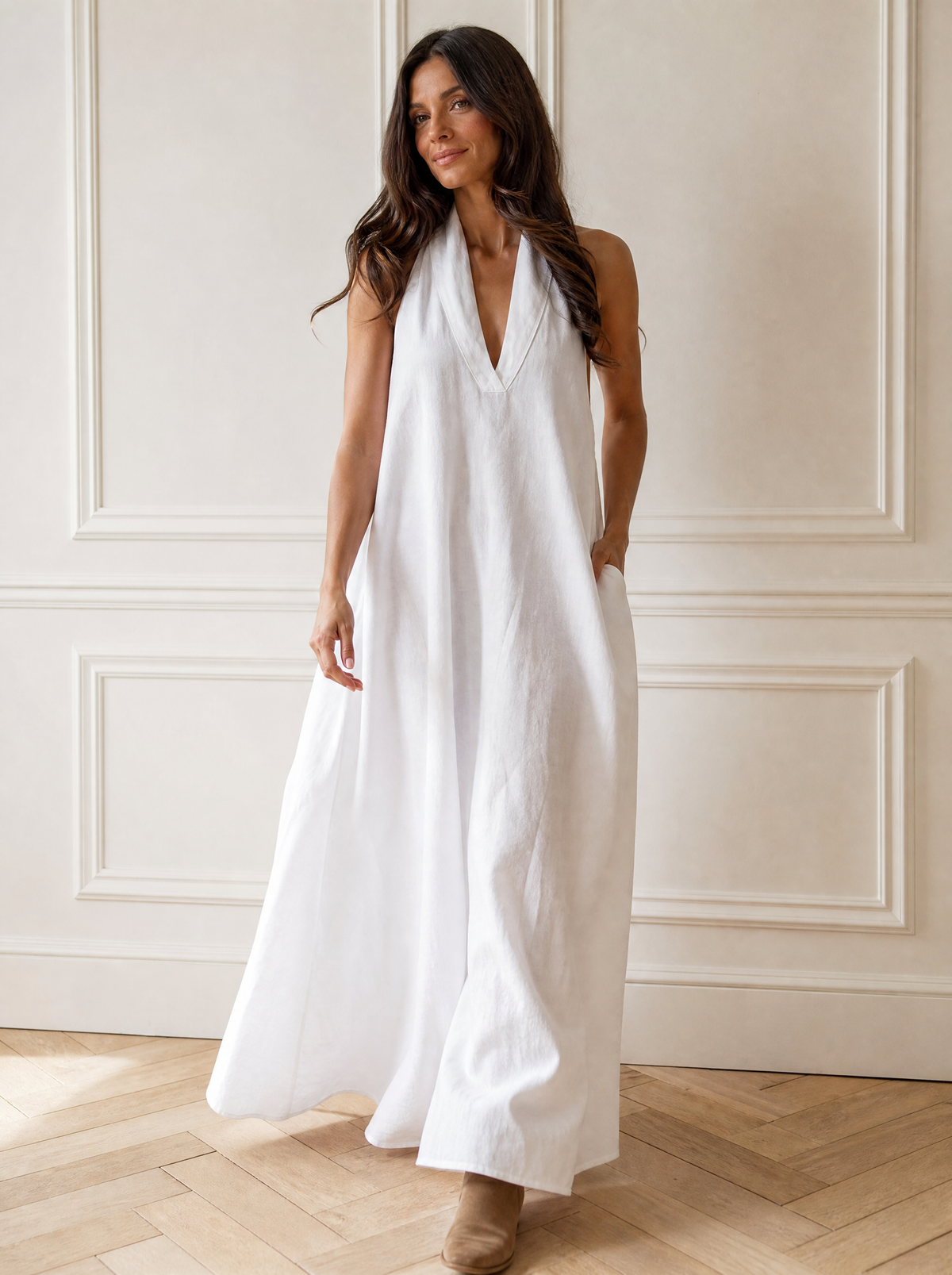 Halter Neck Maxi Dress with Pockets - front