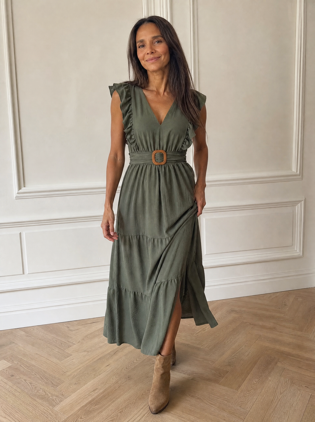 Slit Ruffled V-Neck Tiered Dress - front