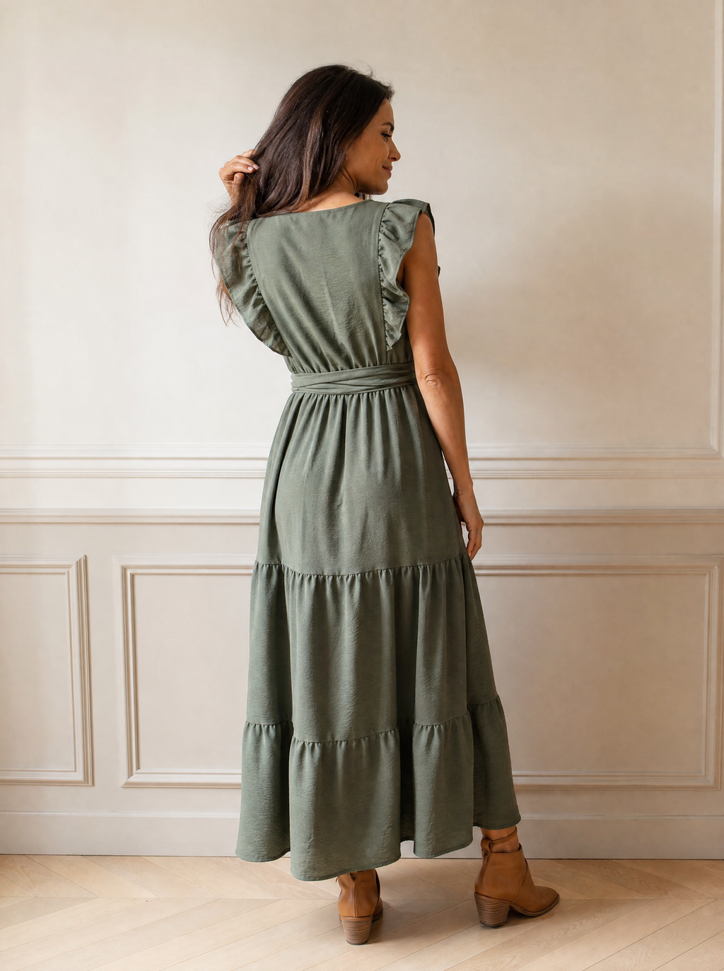 Slit Ruffled V-Neck Tiered Dress - back