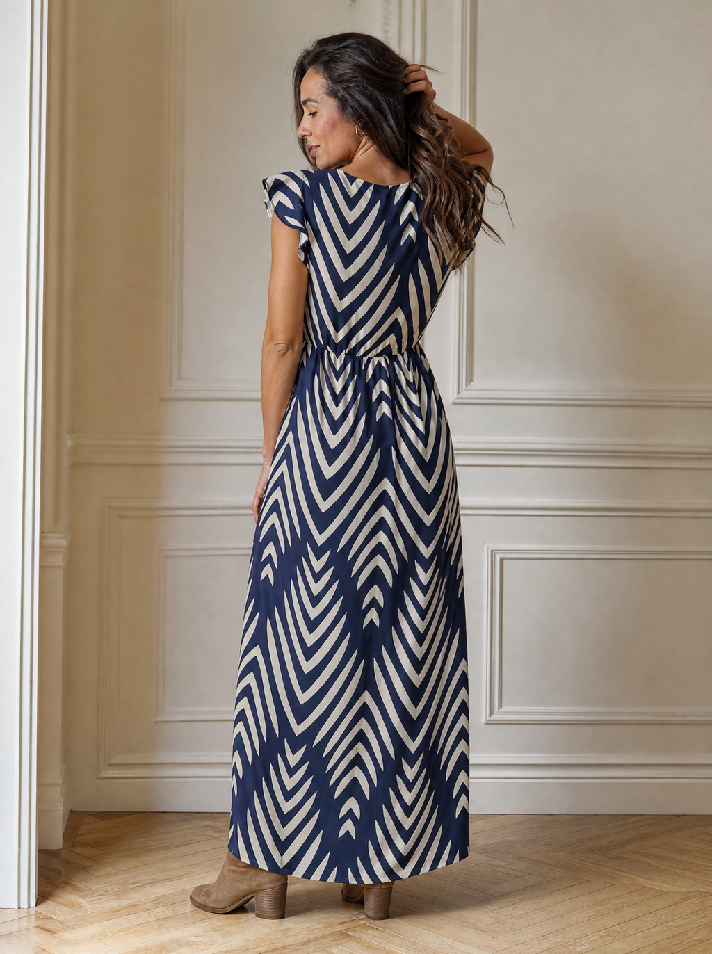 Printed V-Neck Cap Sleeve Maxi Dress - back