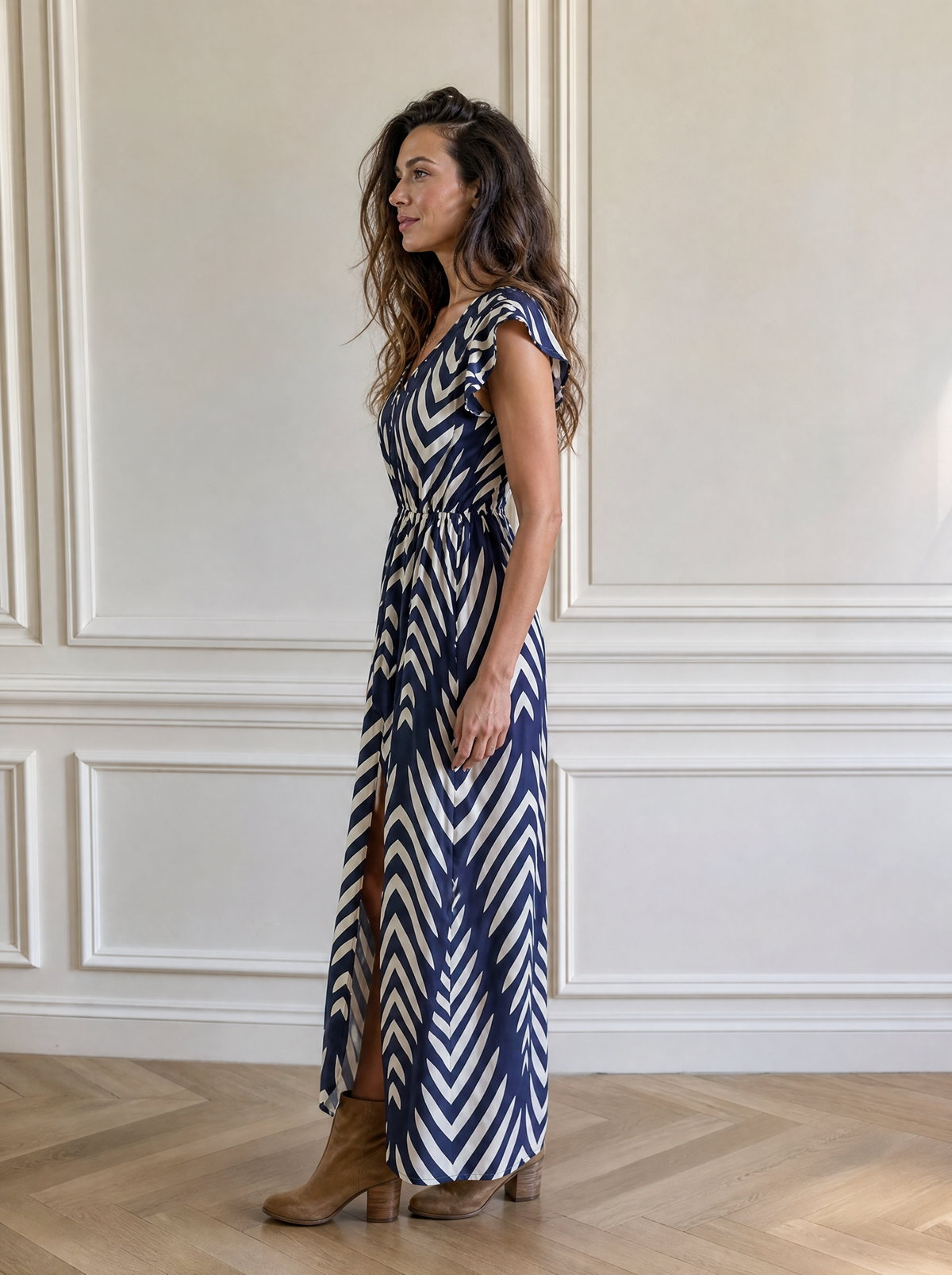 Printed V-Neck Cap Sleeve Maxi Dress - side
