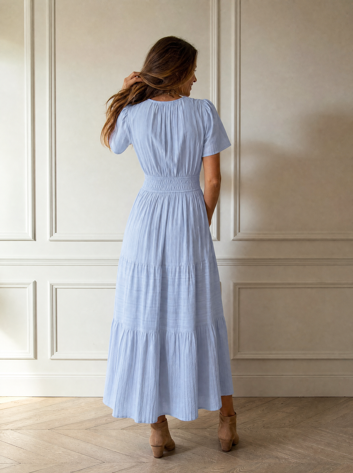 Notched Short Sleeve Tiered Dress - back