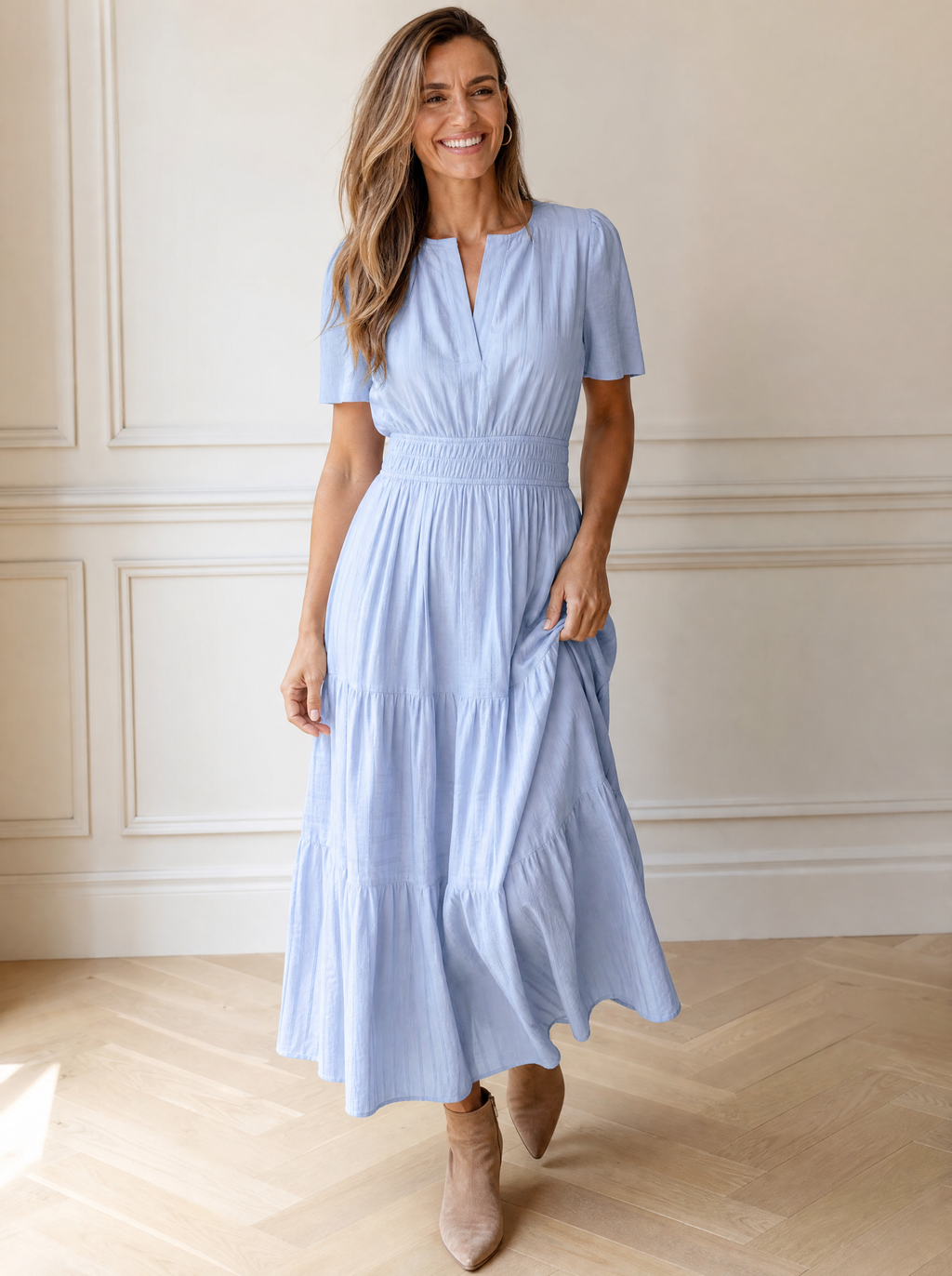 Notched Short Sleeve Tiered Dress - front