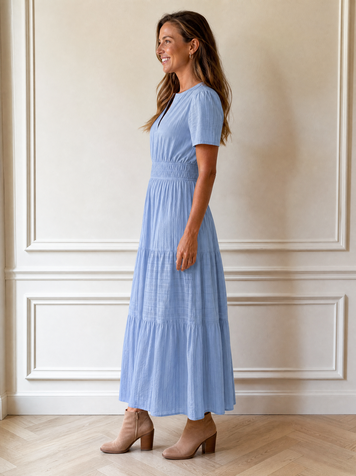 Notched Short Sleeve Tiered Dress - side