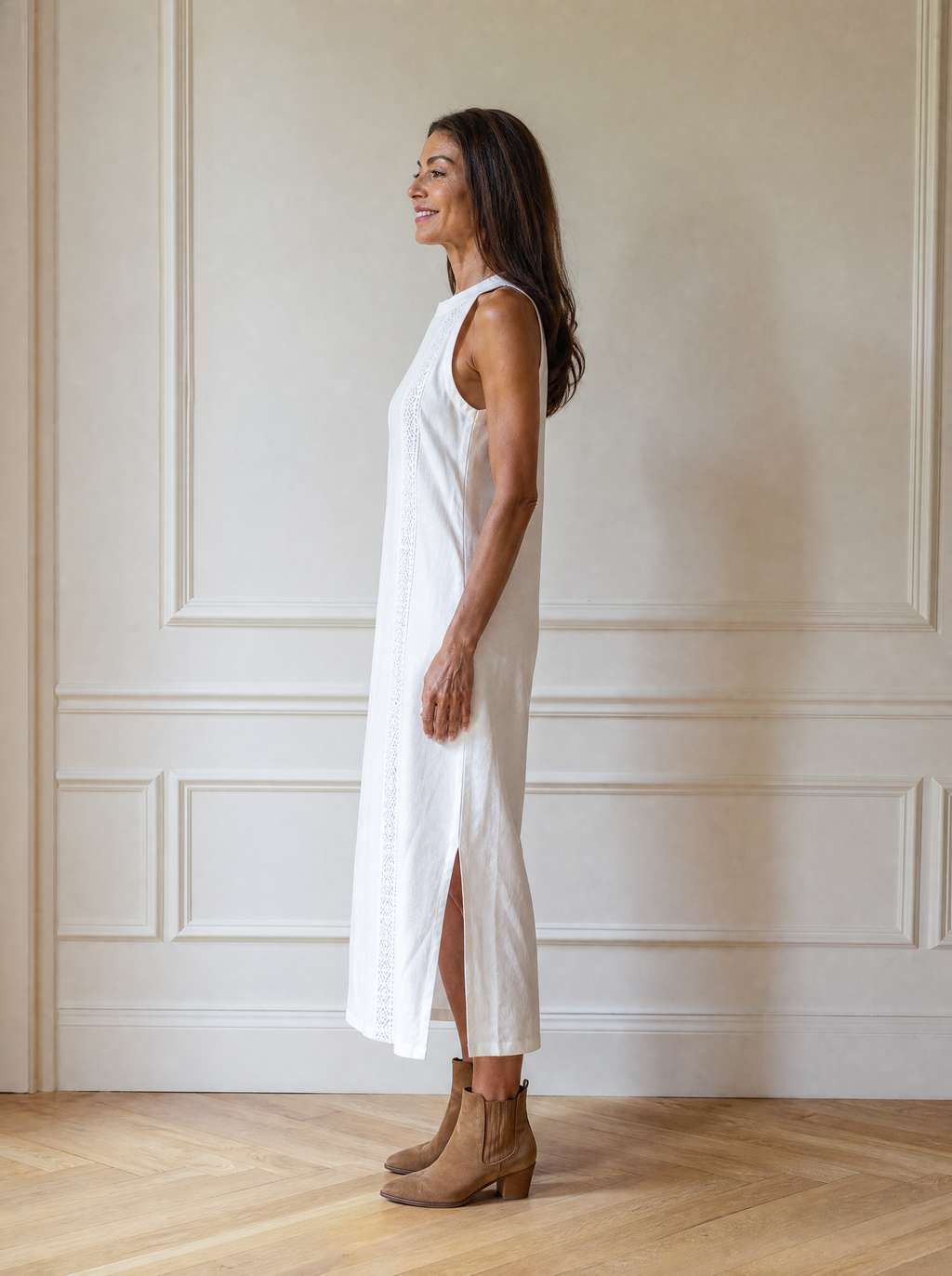 Side Slit Sleeveless Hollow-Out Trimmed Midi Dress - side
