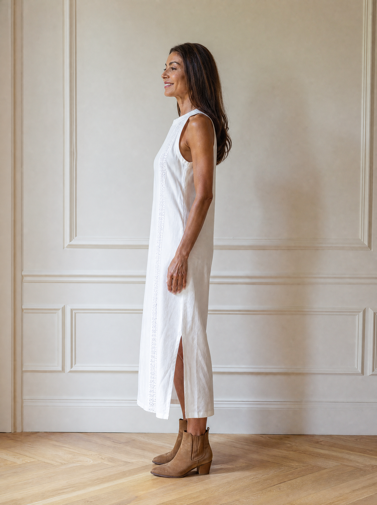 Side Slit Sleeveless Hollow-Out Trimmed Midi Dress - side