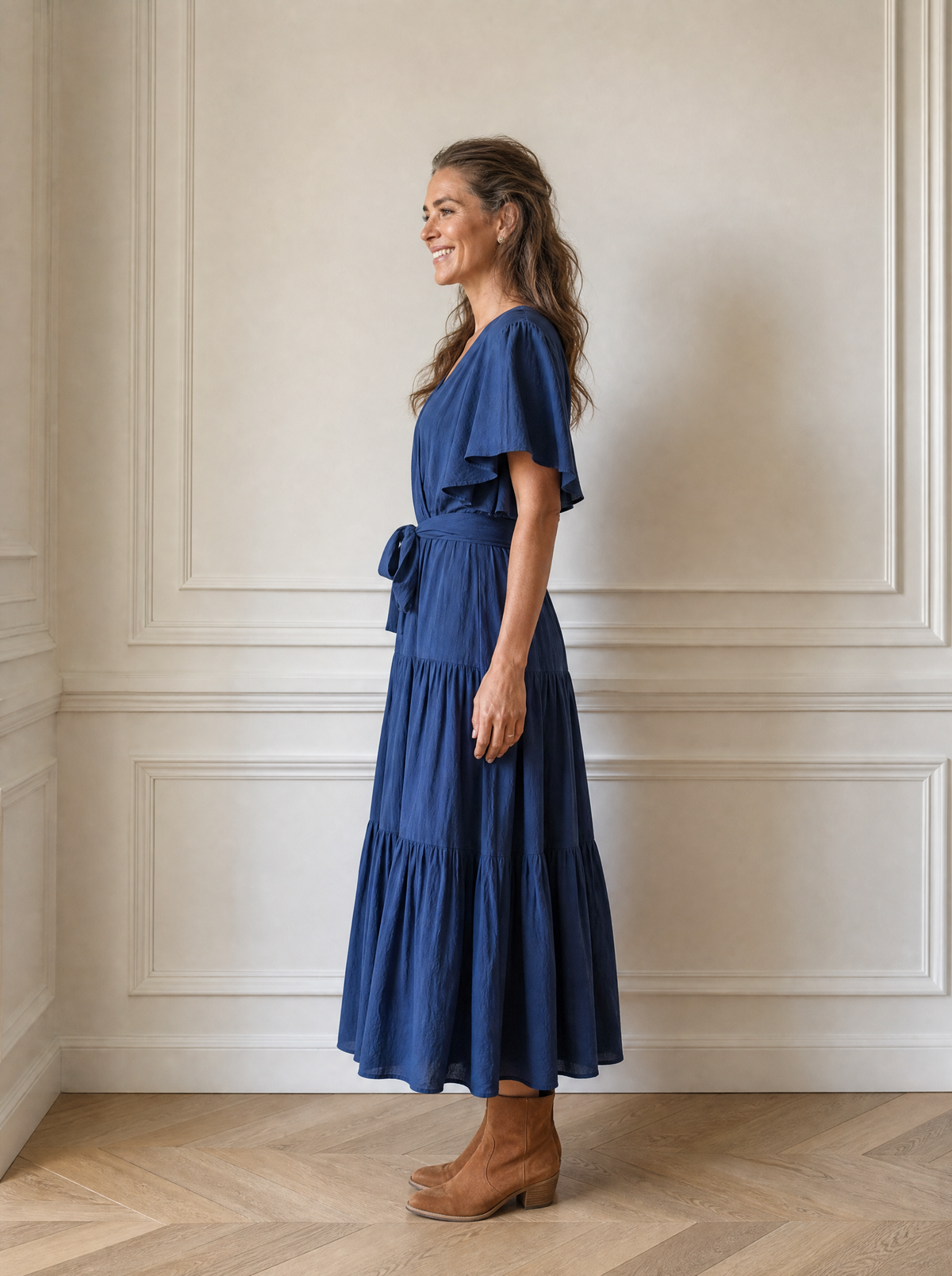 Front Tie Short Sleeve Tiered Midi Dress - side