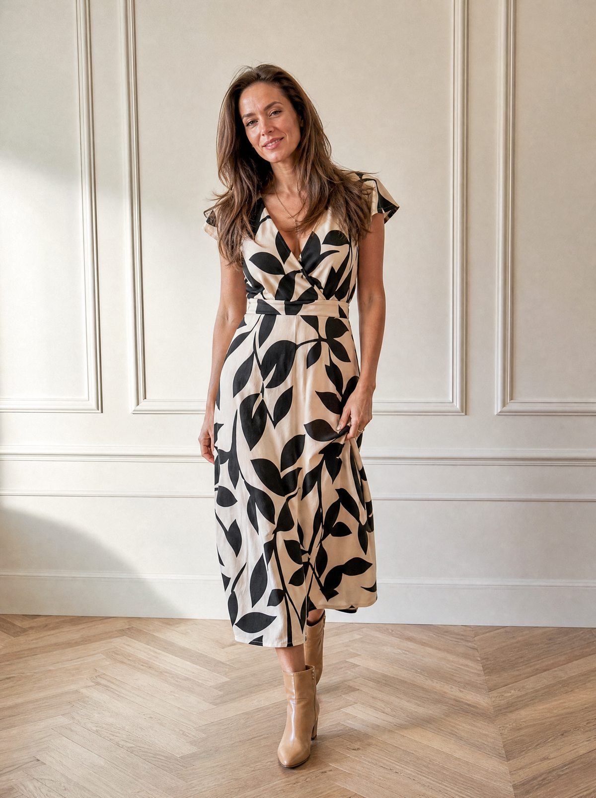 Printed Surplice Wrap Midi Dress - front