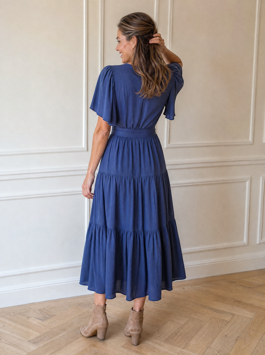 Front Tie Short Sleeve Tiered Midi Dress - back