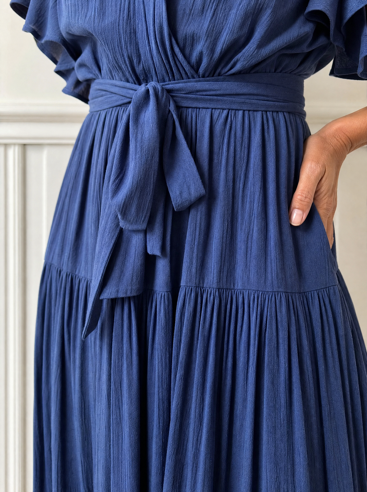 Front Tie Short Sleeve Tiered Midi Dress - detail