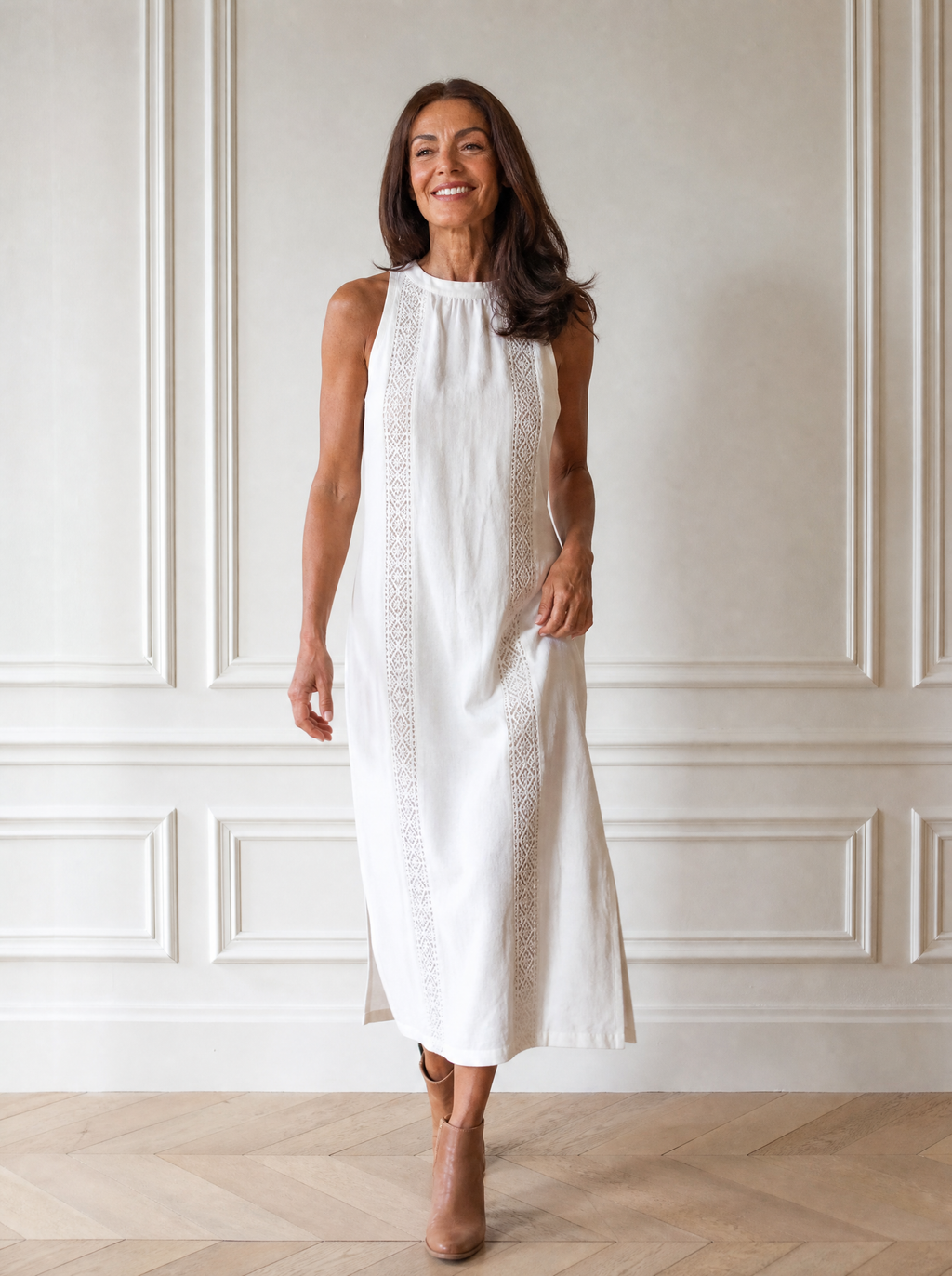 Side Slit Sleeveless Hollow-Out Trimmed Midi Dress - front