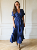 Front Tie Short Sleeve Tiered Midi Dress - front