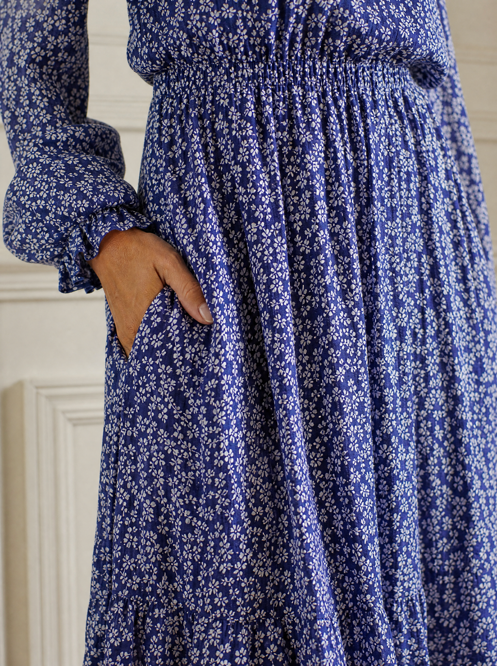 Floral Print Long-Sleeve Ruffle Hem Midi Dress - detail