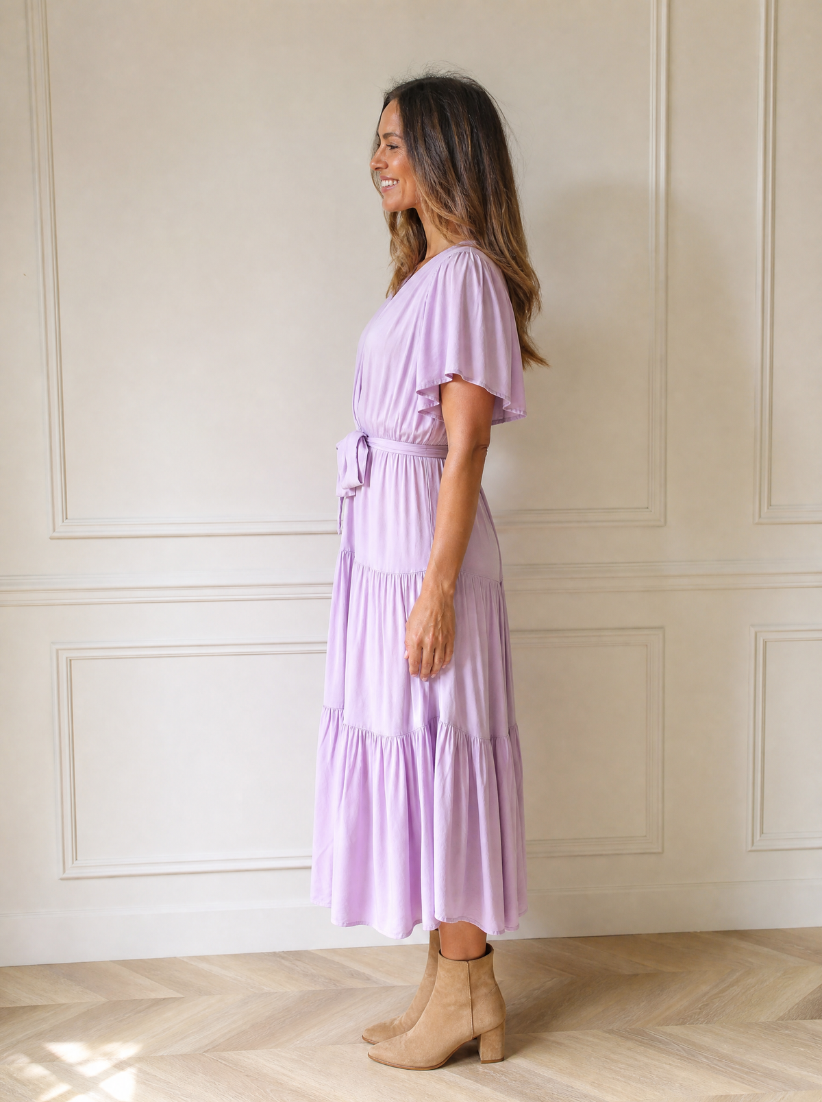 Tied Back Tiered Short Sleeve Midi Dress - side