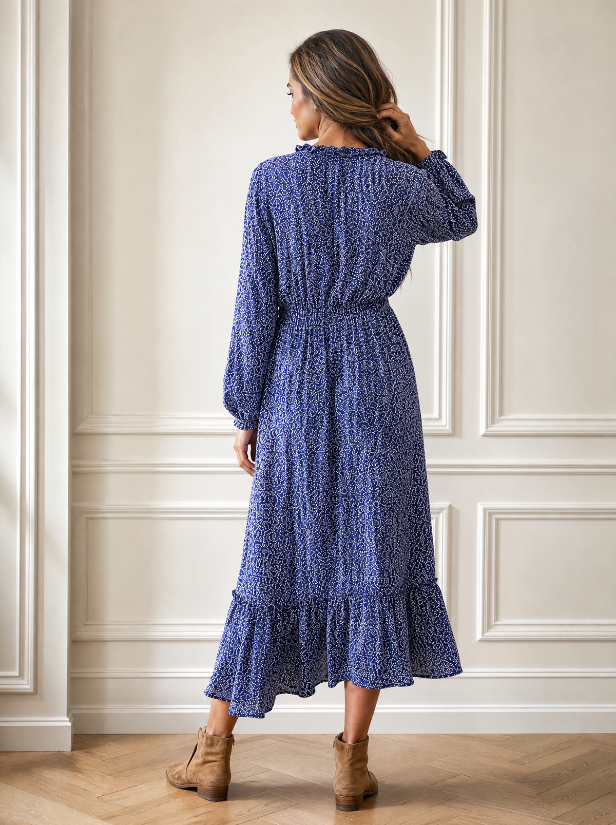 Floral Print Long-Sleeve Ruffle Hem Midi Dress - back