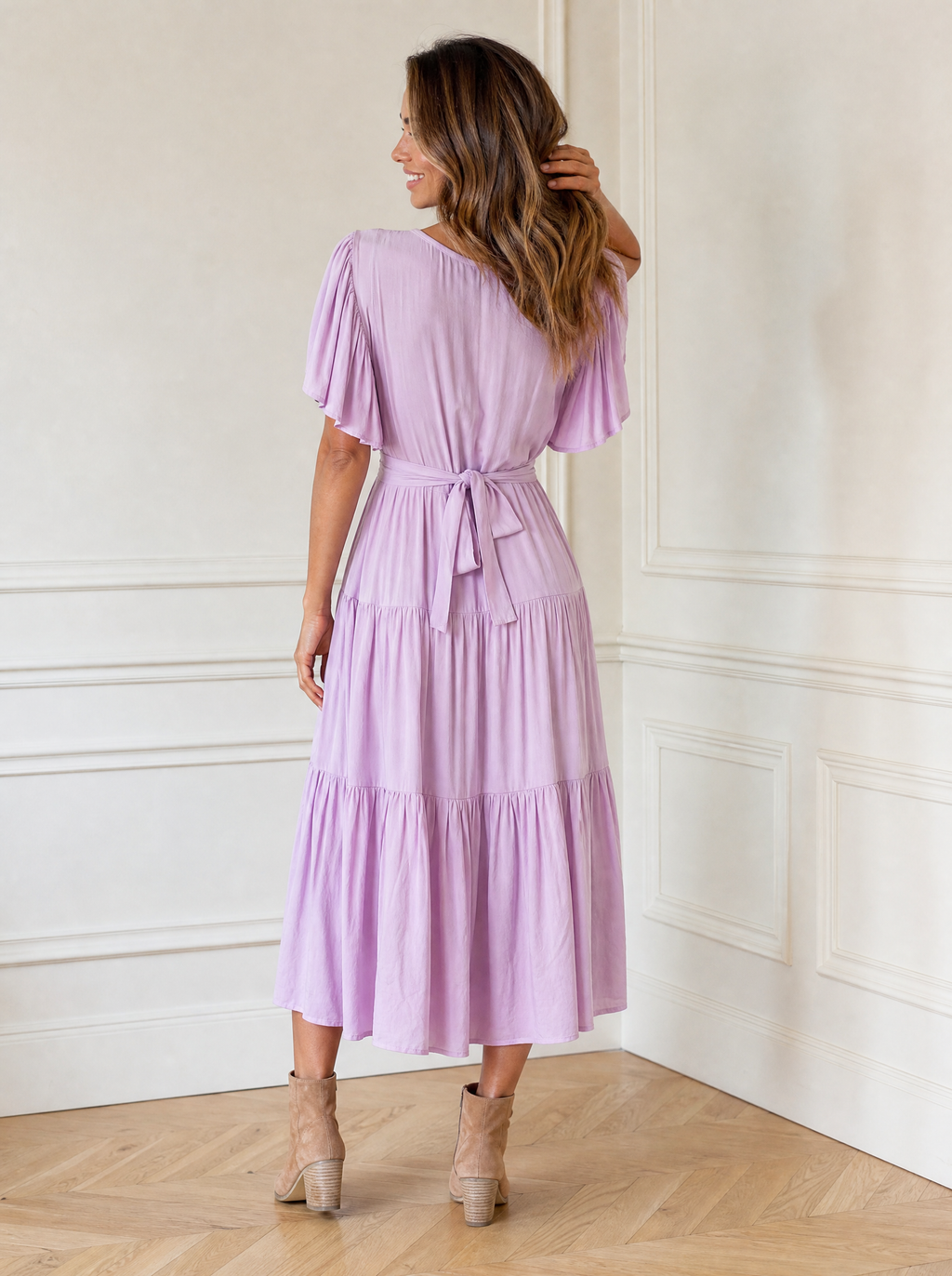 Tied Back Tiered Short Sleeve Midi Dress - back